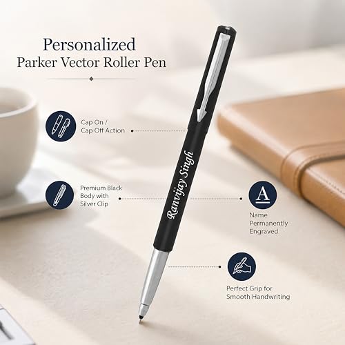Image of SAVRI Personalized Parker Vector Roller Pen - Matte Black with Silver Clip - Custom Engraved Name - Stylish Customized Gifts for Men & Women - Anniversary, Valentine's Day & Exclusive New year gifts