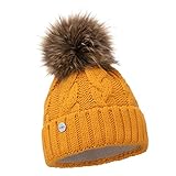 ELIMELI® Winter Mütze Damenmütze mit Fell-Bommel Fleece Innenfutter gefüttert - warme Damen Bommelmütze Strickmütze - Wintermütze mit Kunstfell Bommel - Slouch Strick Beanie Made in EU (senfgelb)