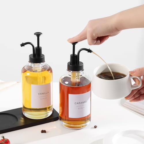 glass syrup pump bottle dispenser for coffee bar accessories with 84 labels set of 2 169 oz matte black