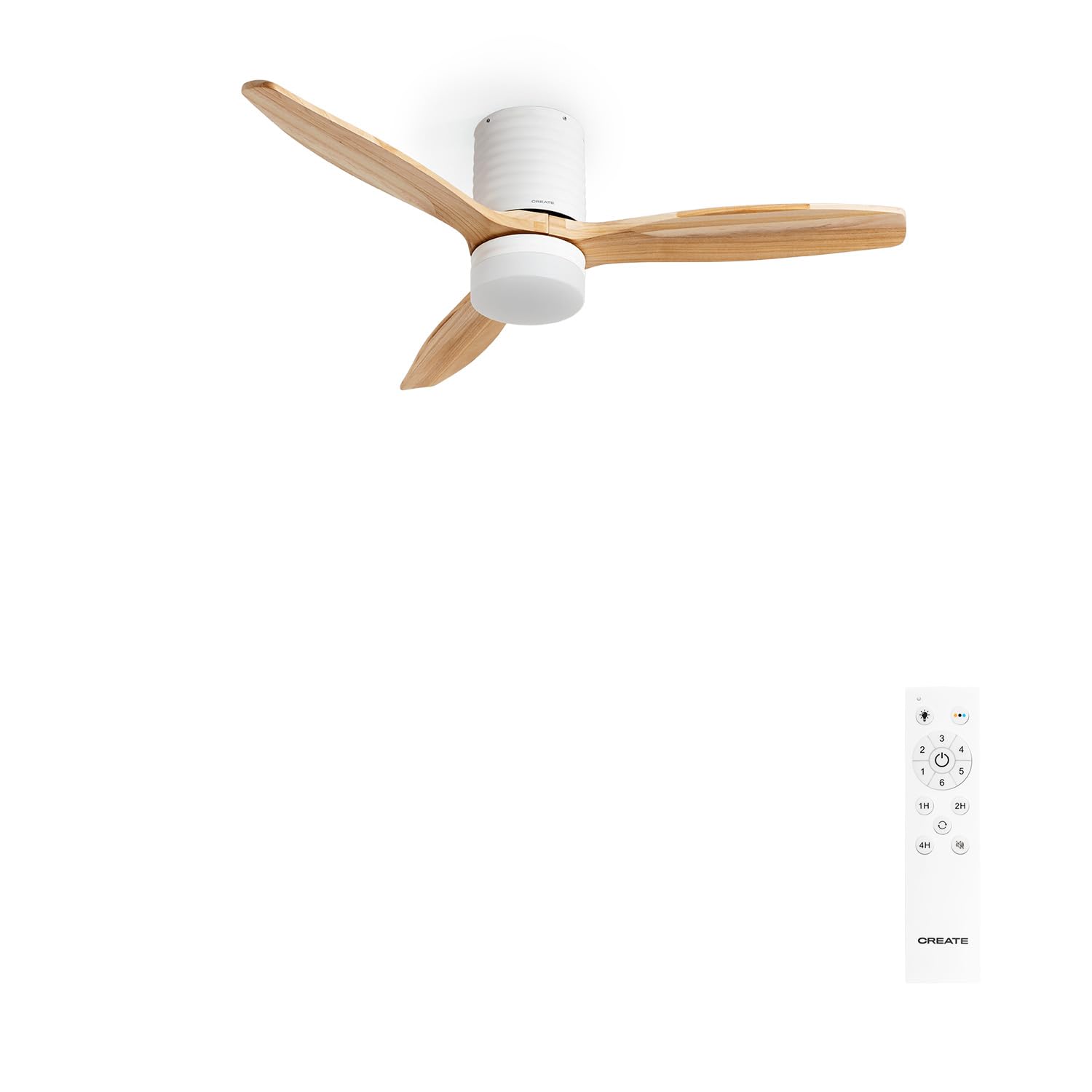 CREATE / WINDCALM LINE/​Ventilador de techo con luz blanco madera natural y líneas horizontales con mando / 40W, Ø132 cm, 6 velocidades, 3 temperaturas de luz, temporizador, función verano-​invierno