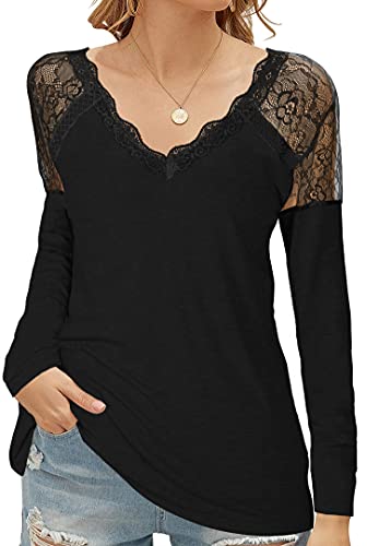 SFHFY Women's V Neck Crochet Lace Trim Shirts Long Sleeve Casual Loose Blouses Tunic Tops Black SFHFY Women's V Neck Crochet Lace Trim Shirts Long Sleeve Casual Loose Blouses Tunic Tops Black