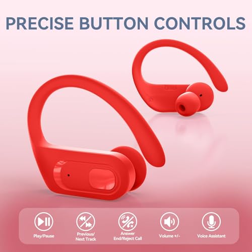 Image of occiam Wireless Earbuds Bluetooth Headphones Ear Buds 96Hrs Playback Sport Over-Ear Waterproof Wireless Headphones Earphones with Earhooks ENC Mics Clear Call for Sport Running Workout (Red)