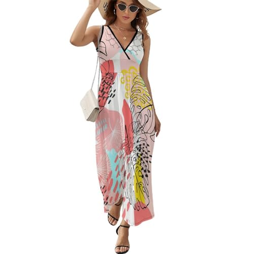 Robe longue d'été fluide sans manches au motif feuilles tropicales