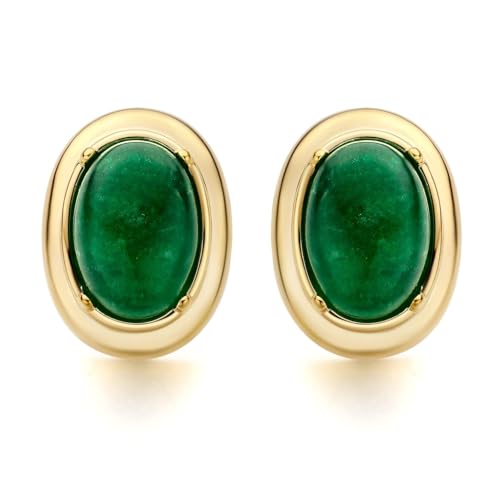 18K Yellow Gold Plated Oval Cut Emerald Agate Large Stud Earrings Ear Jewelry for Women