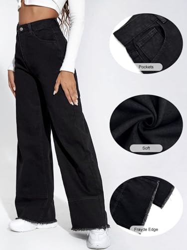 Women's Y2K Boyfriend Jeans High Waisted Straight Leg Baggy Denim Pants with Raw Frayed Hem4
