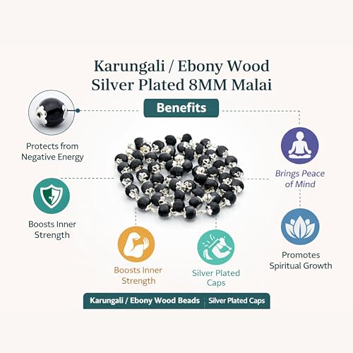 Image of Karungali Malai Silver Plated Original 8mm | Certified Ebony Beads Mala 54 Beads Goverment Lab Test Certification Mala with German Silver Cap | Authentic Karungali Malai for Spiritual Protection - 1 Piece