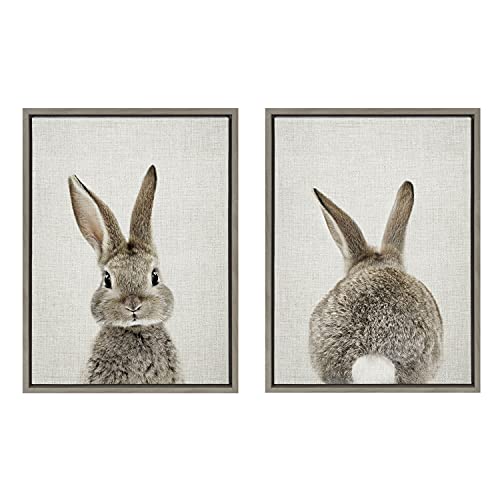 Image of Kate and Laurel Sylvie Bunny Portrait and Tail on Linen Framed Canvas Wall Art Set by Amy Peterson Art Studio; 2 Piece 18x24 Gray; Decorative Animal Art for Wall