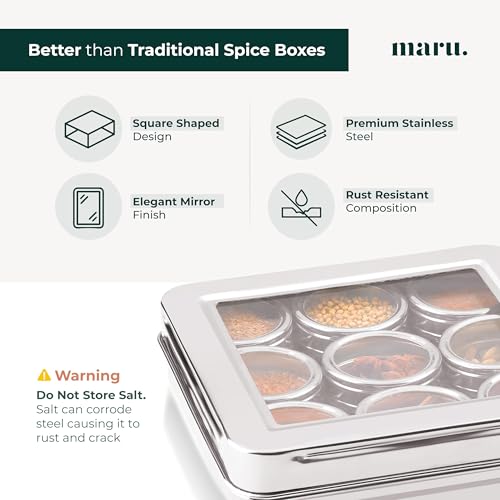 Image of Maru Steel 9-In-1 Masala Container for Kitchen with Heavy-Duty Square Box, Airtight & Durable 9 Storage containers with see-through lids 140ml each, Ideal for Spices, Herbs, Dry Fruits, Mukhwas & More