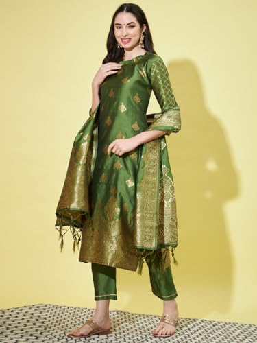 Image of VredeVogel Women's Cotton Silk Jacquard, Banarasi Silk Kurta Pant With Dupatta Set