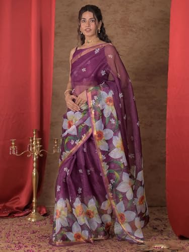 Image of Satrani Women's Kota Chex Printed Saree with Unstitched Blouse Piece