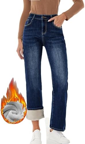 Women's Fleece Lined Jeans Winter Thermal Straight Wide Leg Flannel Sherpa Lined Warm Denim Jean