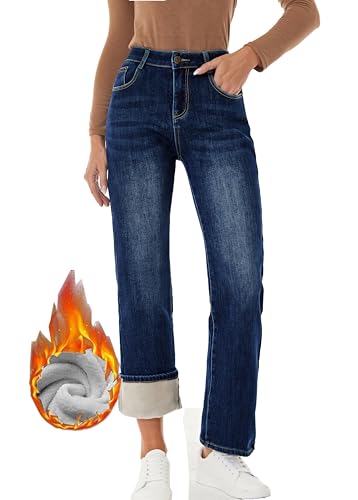 Women's Fleece Lined Jeans Winter Thermal Straight Wide Leg Flannel Sherpa Lined Warm Denim Jean