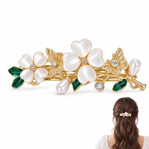 Soumimi Cat Eye Flower Hair Barrette, Gold Floral Hair Clip for Women