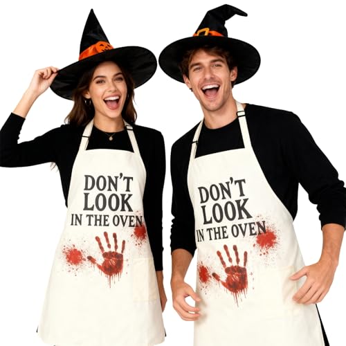 Image of Halloween Apron for Women Easy Halloween Costumes for Women and Men | Funny Scary Kitchen Gifts for Chef, Horror Bloody Adult Apron Costume for Couples with Pocket, One Size Fits Most, Off White