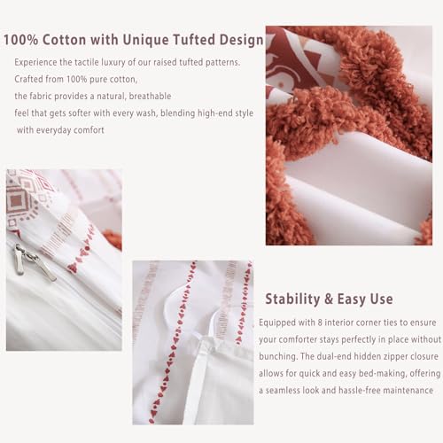 Image of Herside 100% Cotton Boho Duvet Cover Set King Size,Shabby Chic Aztec Western Brick Red Tufted Bedding,Farmhouse Luxury 3 Piece Textured Quilt Duvet Set for All Season Home Decor