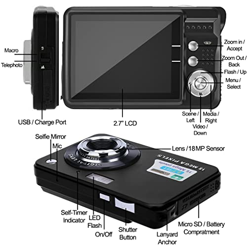 Acuvar Câmera digital Megapixel de 18 MP com tela LCD de 2,7 polegadas, bateria recarregável, foto e