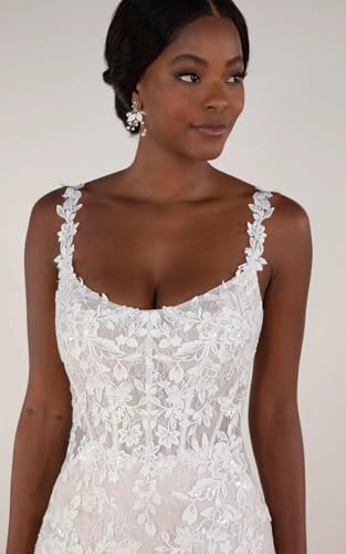 Lace Applique Mermaid Wedding Dresses for Bride with Slit Long Beach Boho Spaghetti Straps V Neck Tulle Bride Gowns2