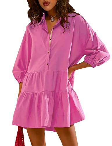 Image of HangNiFang Women's Summer Babydoll Mini Dress Flowy Puff Sleeve Tiered Button Down Oversized Tunic Dress with Pockets