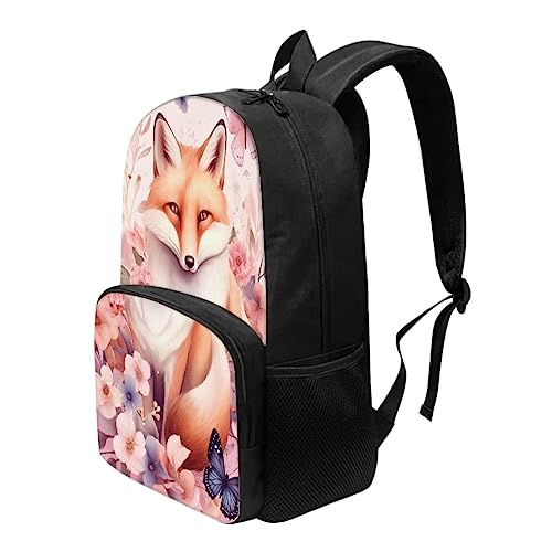 Illustration Style Floral Fox Backpack for Girls Middle Elementary School Student Lightweight Durable Basic Bookbag with Front Pocket Large Capacity 17 Inch Kids Cute Backpack3