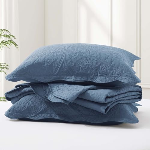 IR Imperial Rooms Queen Quilt Bedding Set Size (90" x 96") + 2 Pillow Shams (20" x 26"+ 2") - 3 Pcs All Season Lightweight Reversible Microfiber Coverlet Floral Embossed Quilt Bedspread (Light Blue)