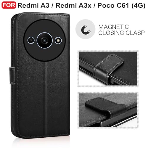 Image of CEDO Flip Cover for Redmi A3 / Redmi A3x / Poco C61 (4G) | Leather Finish | Inside Pockets & Inbuilt Stand | Shockproof Wallet Style Magnetic Closure Back Case Flipcover (Black)