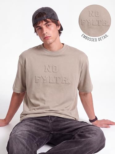 Image of FYLTR Men's Casual Solid T-Shirt for Men - Embossed tee | Crew Neck | Drop Shoulder | Half Sleeve | Oversized Fit | Casualwear for Men | High GSM Fabric | French Terry | Loose Fit