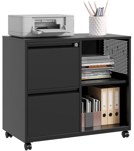SISESOL 2 Drawer File Cabinet with Lock and Shelf,Mobile Lateral Filing Cabinet,Metal Filing Cabinets with Open Storage Shelves Organizer for Home Office Fit Legal/Letter A4 Size (Black)