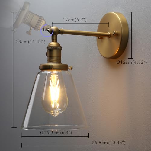 Image of PERMO Industrial Wall Sconce Single Brass Sconce with On Off Switch Funnel Flared Clear Glass Hand Blown Shade Hardwired (Antique Glod)
