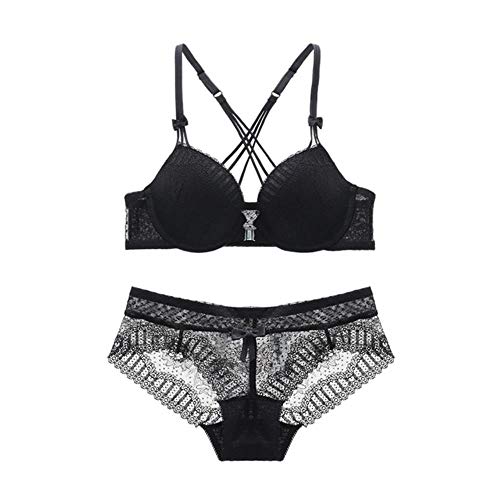 MegOK Ensemble de Lingerie Sexy à Fermeture Frontale Gathering VS Underwear pour Femmes Ensemble de Soutien-Gorge Push-up avec Soutien-Gorge et Culotte rembourrés ABC, Noir, 70B
