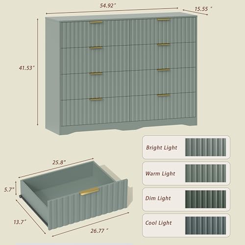 Image of Fluted 8 Drawer Dresser for Bedroom, 55 inch Wide Modern Wooden Chest of Drawers with Metal Handles, TV Stand & Closet Storage Organizer for Living Room,Hallway, Green