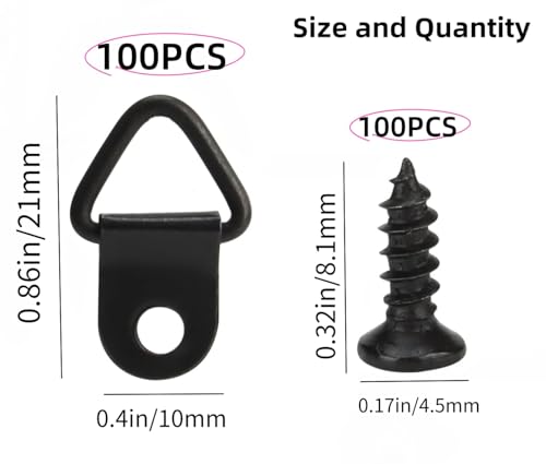 Image of 100 Pack Steel Picture Hangers with 100pcs 8mm Screws,Light Duty D Rings for Clock Small Triangle Picture Hangers for Hanging Clock Paintings Artwork Picture Frame Hook Photos