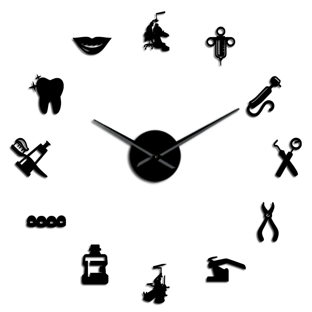 YH Dentist DIY Giant Wall Clock Dental Doctor Large Wall Clock Big Needle Mirror Dentist Office Decor Dentist Gift Doctor Art(Black,27in)