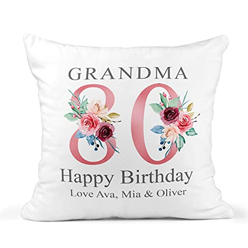 Personalised 80th Birthday Cushion with Names, Floral Design, White 40 x 40 cm – Cushion Insert Included – Grandma/Nanny/Mum