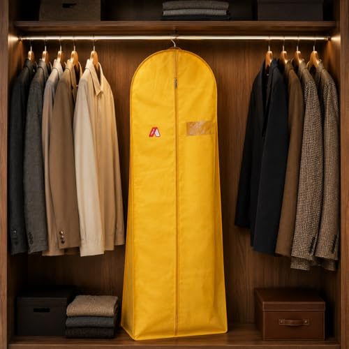 ABLE 62 Inch Wedding & Lehenga Dress Cover Garment Bag with 14 Inch Gusset, Breathable, Dust Protector, for Extra Wide Dress. Yellow Non-Woven Fabric Pack of 1 Pcs