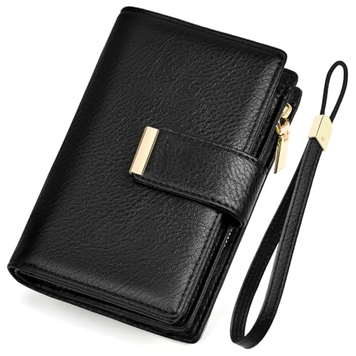 BKNOOU Small Wallets for Women RFID Blocking Leather Wristlet Wallet Ladies Wallet Card Holder Compact Bifold Wallet with Coin Pocket (Black)
