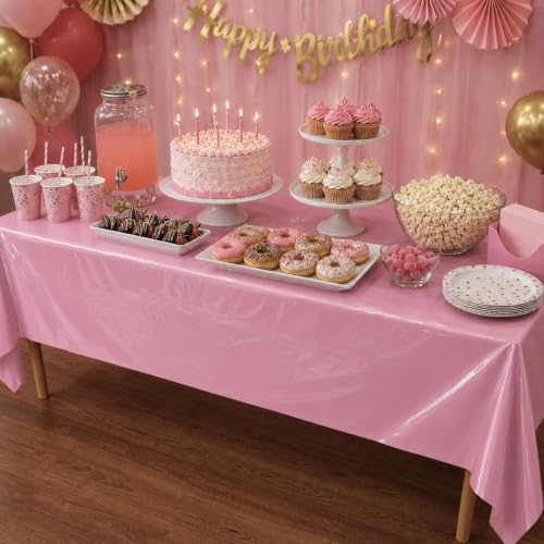 Image of Blue Orchards Soft Pink Plastic Table Cover (Pack of 3 with 20 Glue dots) - 54 inch x 108 inch - Light Pink Disposable Waterproof Tablecloth, Pastel Birthday Party Supplies, Baby or Bridal Shower, Wedding