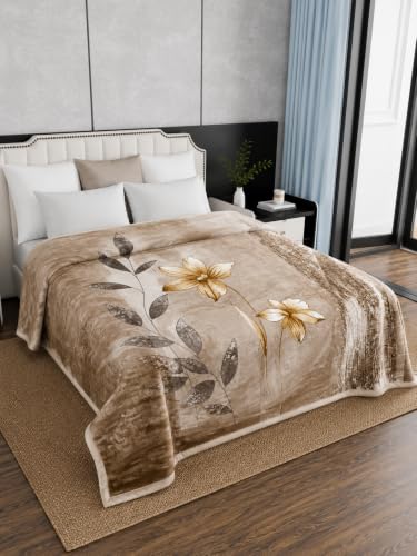Image of Signature All Season Double Bed Blanket | Super Soft Plush, Lightweight & Cozy | 220 x 240 cm | 2.5 kg | Multi-Color Vibrant Print | Ideal for Winter, AC Use & Gifting (Beige Botancial)