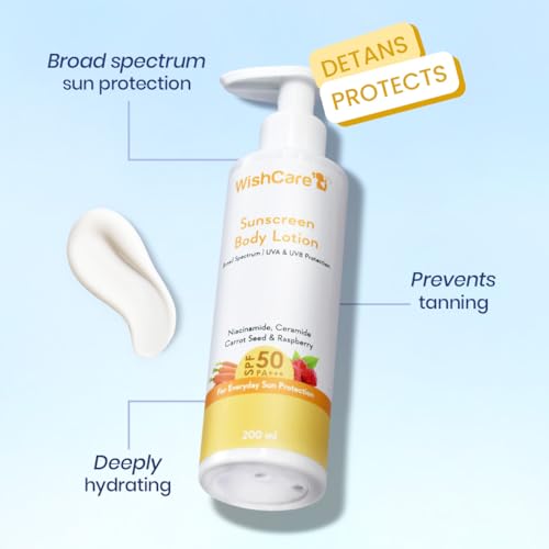 Image of WishCare SPF 50 Head-to-Toe Sun Protection Range | Sunscreen Body Lotion + Niacinamide Face Sunscreen + SPF Lip Balm | Lightweight, Non Greasy & No White Cast | 200ml + 50g + 5g