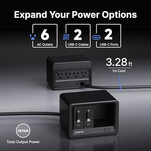 Image of Gitryin 10-in-1 Desktop Charging Station with 2 Retractable Type-C Wall Chargers, 40W USB-C Power Strip with Flat Plug, Extension Cord with 1020J Surge Protection for Home Office