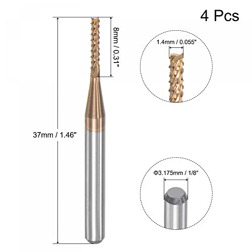 Image of uxcell End Mill CNC Router Bits, 1 /8 inch 3.175mm Shank 1.4mm x 8mm Titanium Coated Tungsten Carbide Engraving Milling Cutter for PCB Plastic Fiber Wood 4pcs