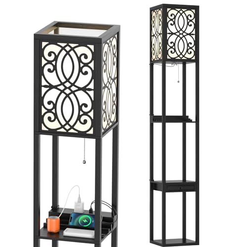 GiantexUK Floor Lamp with Shelves, 3 Layers Tall Standing Light with 2 USB Charging Ports and 1 Drawer, Modern Reading Lamp for Living Room Bedroom Office (Curved Patterns)