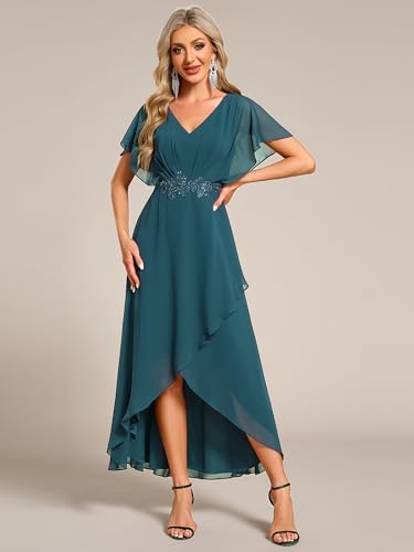 Image of Ever-Pretty Women's Formal Dress A Line V Neck Applique Waist Tea Length Wedding Guest Dress 02027