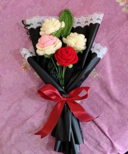 Bouquet de fleurs en crochet haut de gamme roses fait main avec ruban rouge