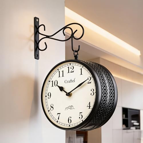 Image of CRAFTEL Double Sided Station Wall Clock Powder Coated Finish | Both Side English Numerals | Aluminum Matte-Finish Dial Brass Body | Dial - 10 Inches, Matte Black | 365 Days Warranty