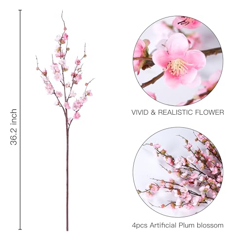 Sggvecsy Artificial Plum Blossom Flowers 4 Pcs Faux Cherry Blossom Stems Faux Silk Plum Blossom Branches 36.2’’ Fake Flowers Long Stems for Vase Arrangements Home Wedding Table Decor (Pink)