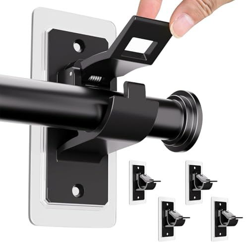 BelleVive Set of 4 Curtain Rod Holders No Drilling, Self-Adhesive Curtain Rod Brackets, No Hole, Multi-Purpose Curtain Rod Hooks Without Nails for Bathroom, Bedroom, Black