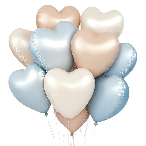 Ballon Coeur,12pcs Ballon Coeur Beige Bleu Hélium,Baudruche en Forme de Coeur pour la fête,Ballons Helium pour Anniversaire, Mariage, Fiançailles,Saint...
