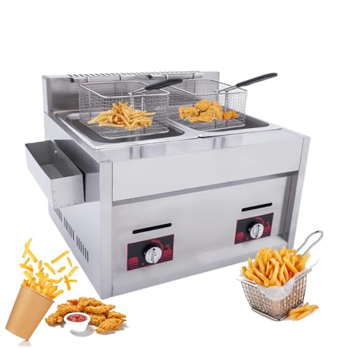 Freidora Comercial, Freidora Profesional De Doble Cuba, Freidora A Gas con Especiero Y Orificio De Salida De Humos, Gran Capacidad 10l×2, Apta para Supermercados Y Snack Bars.
