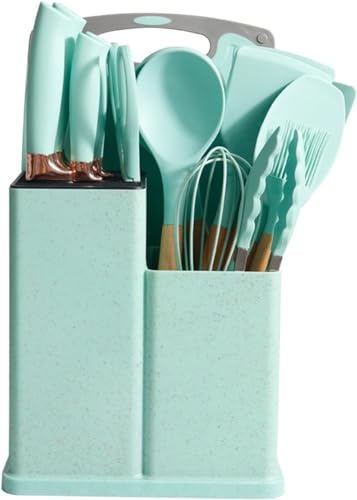 Image of Barebeauty 19 Piece Utensil Set | Spatulas with Knife and Board | 19 Piece Kitchen Kit | Silicone Instrument Set | Sturdy Wooden Handle | Multifunctional Kitchen Tools (Green)