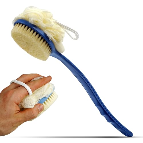Spazzola Corpo Doccia con Manico Lungo – Setole Morbide + Spugna Morbida, Manico Ergonomico Antiscivolo, Colore Blu – Design Rivisto, Ideale per Schiena e Corpo, Logo/Packaging Brandizzato